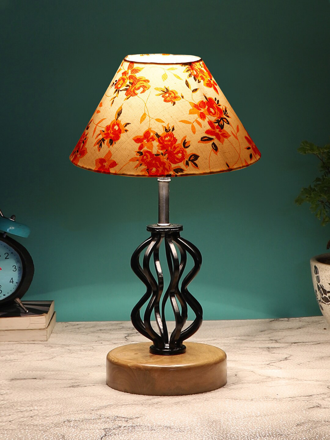 Devansh White & Orange-Colored Printed Table Lamp With Shade