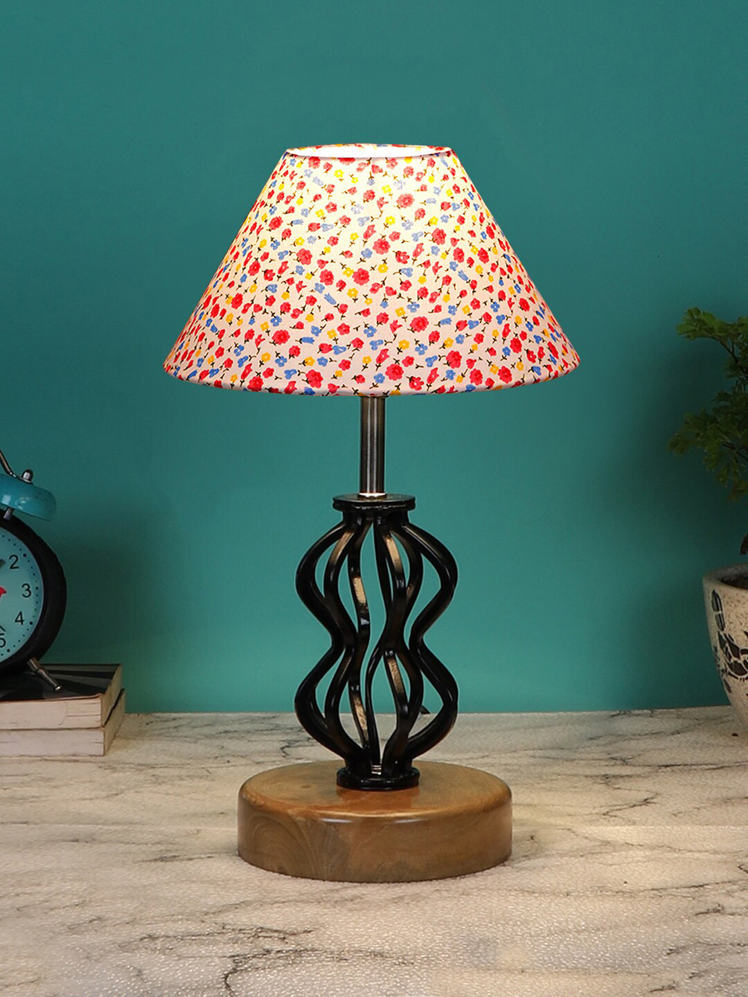 Devansh White ,Pink & Blue Cotton Floral Printed Table Lamp With wood Base