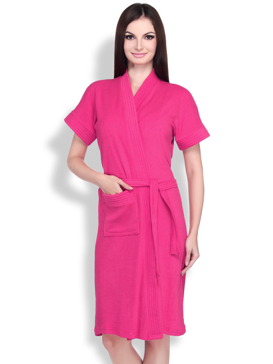 Sand Dune Pink Solid Cotton Drawstring Knee Length Bath Robe-XL