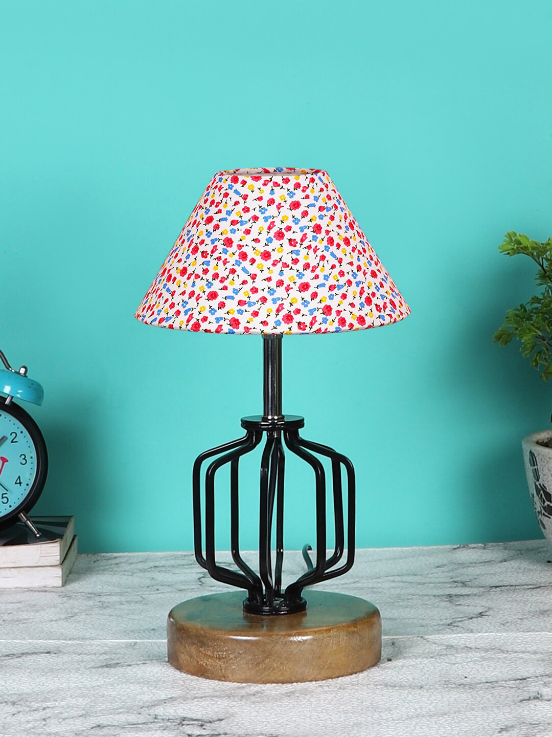 Devansh White & Red Printed Table Lamp With Shade