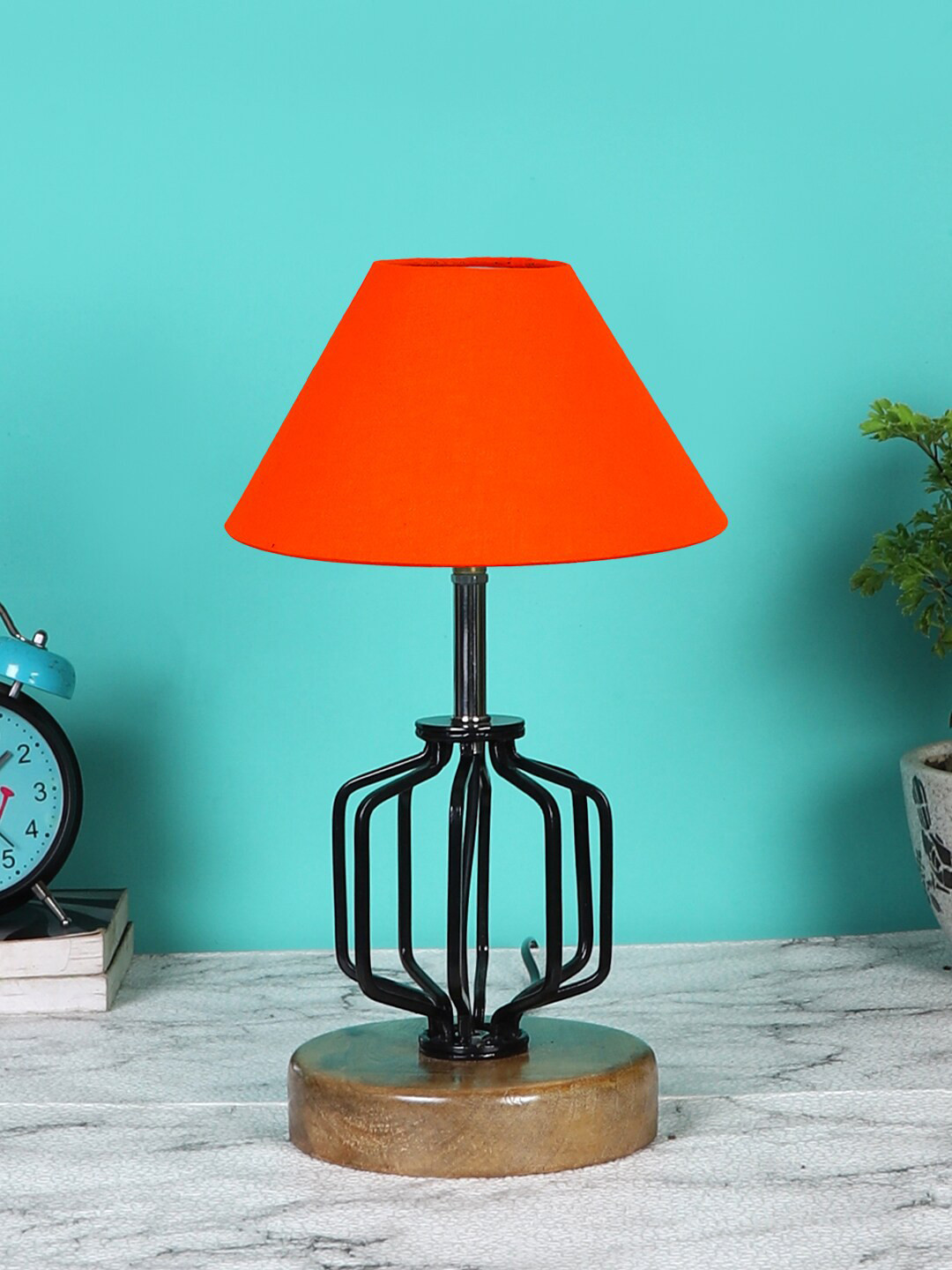 Devansh Orange Solid Table Lamps  With Wood Base