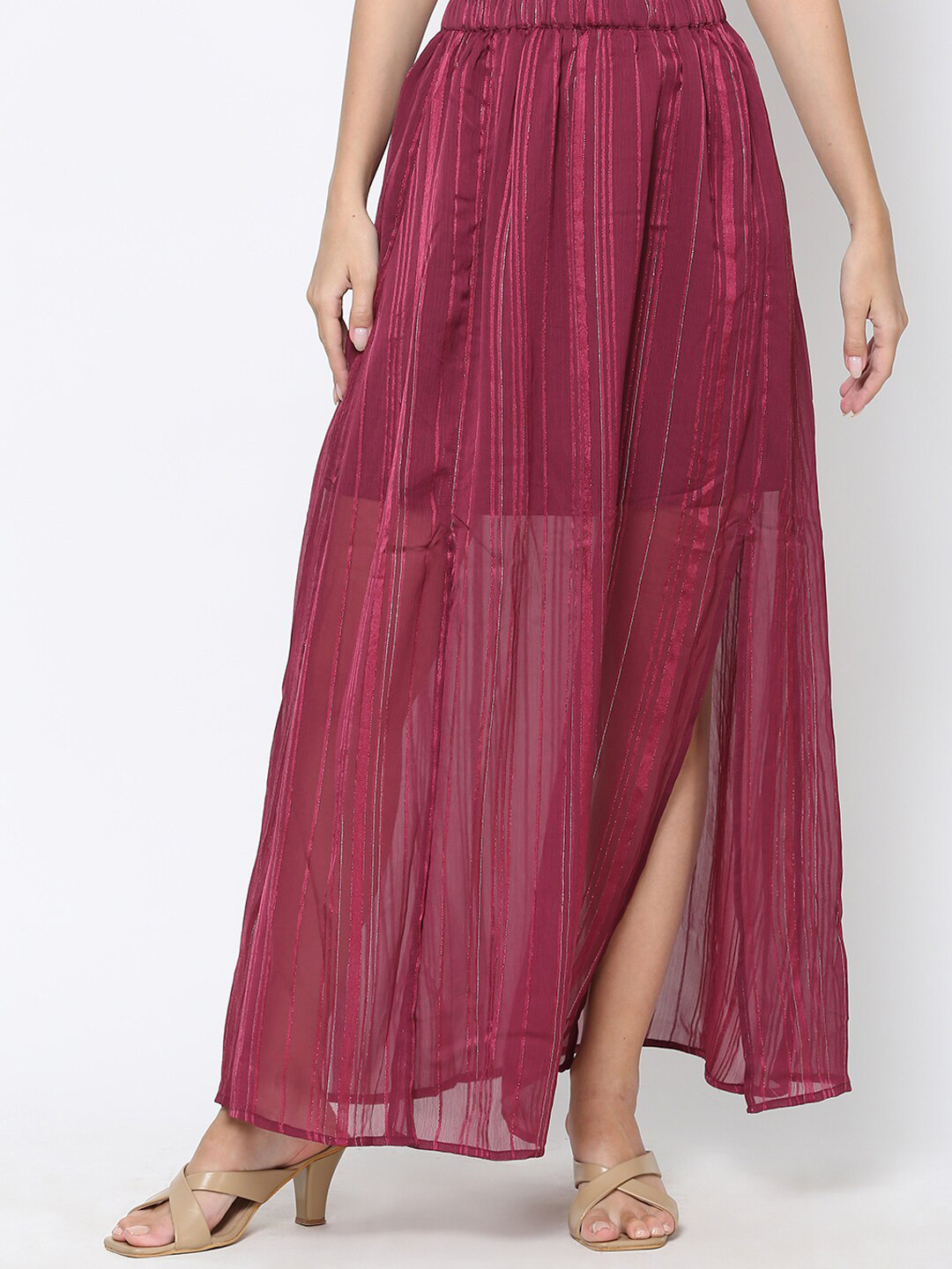 DRIRO Women Maroon Striped Maxi Skirt