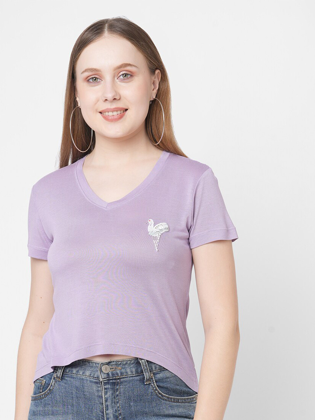 MISH Women Lavender V-Neck Embellished T-shirt