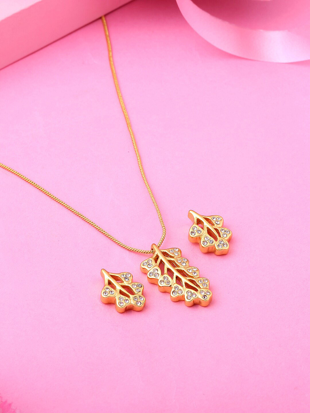 Estele Gold Plated Leaf Designer Pendant Set with Austrian Crystals for Women