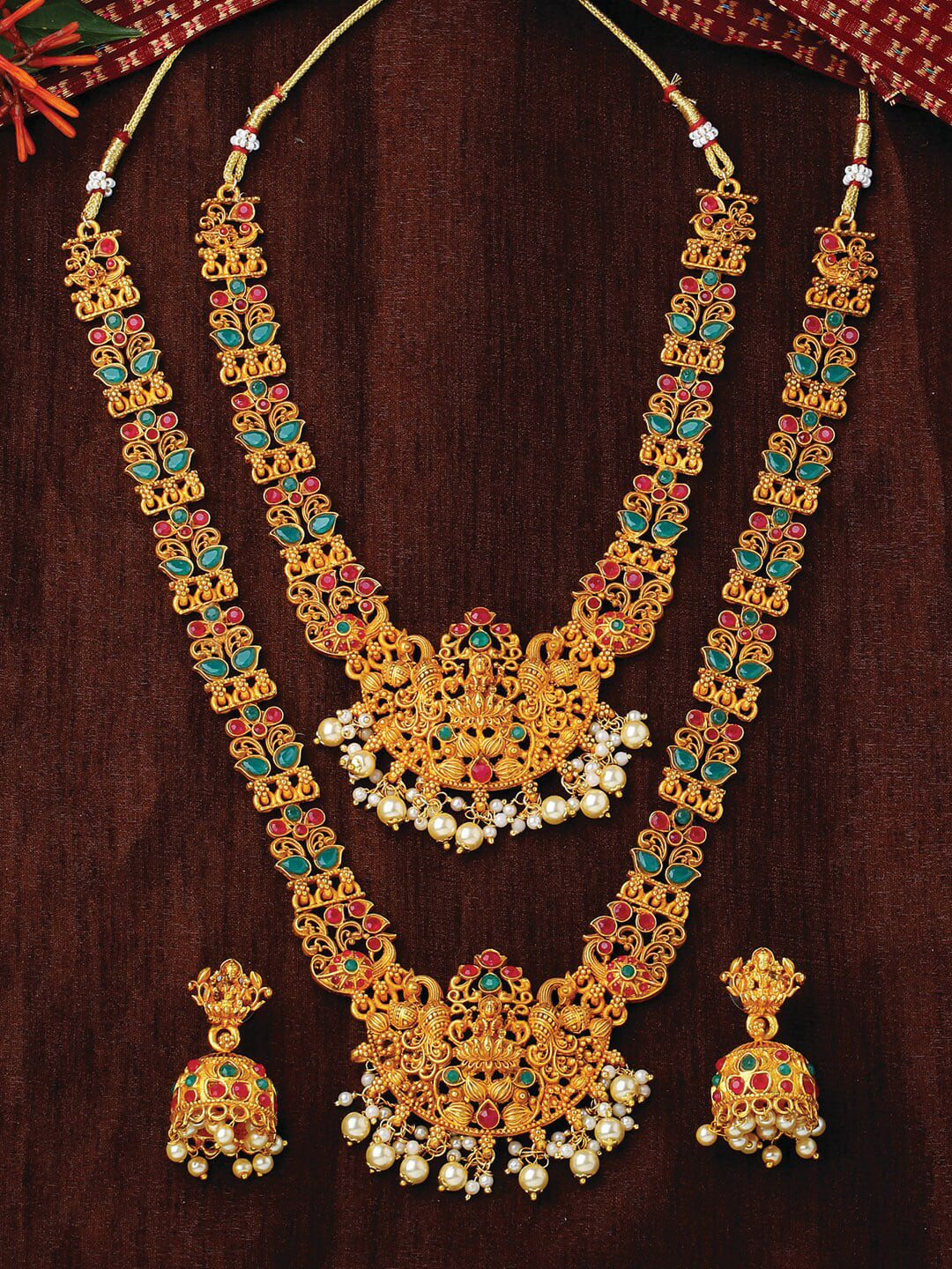 Estele Gold Plated Divine Laxmi Ji with Peacocks Bridal Necklace Set Combo