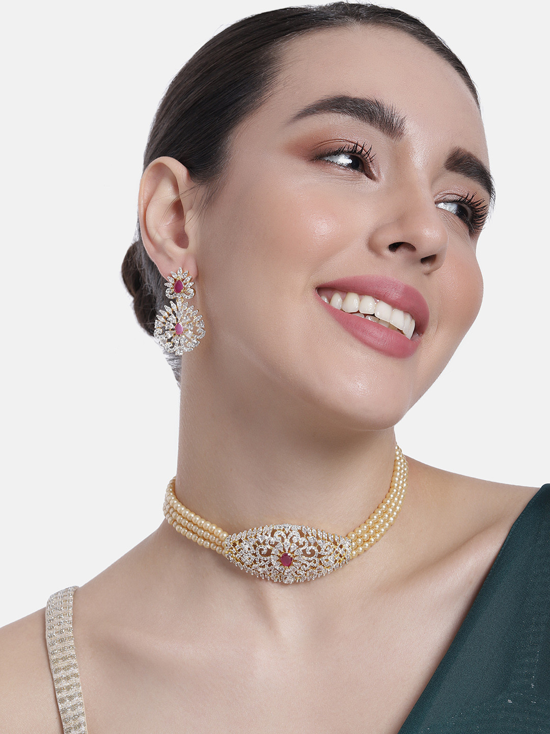 Estele Gold Plated CZ Sitara Choker Necklace Set with Pearls For Women