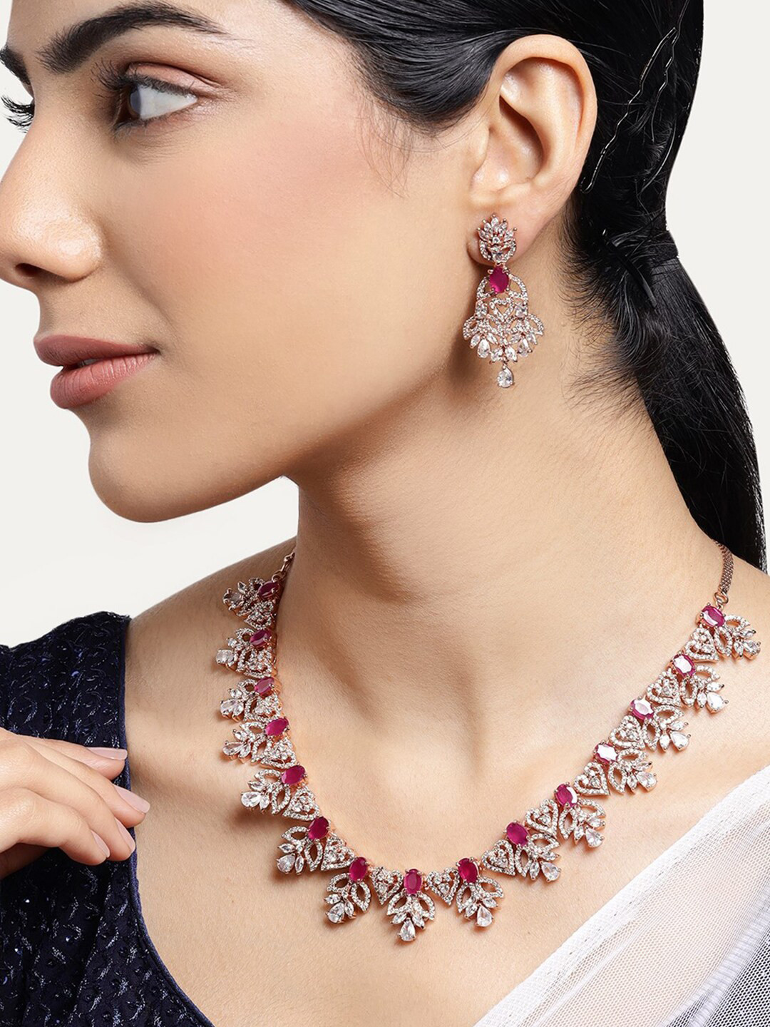 Estele Rhodium Plated CZ Ornamented Necklace set with Red Colored Stones for Women