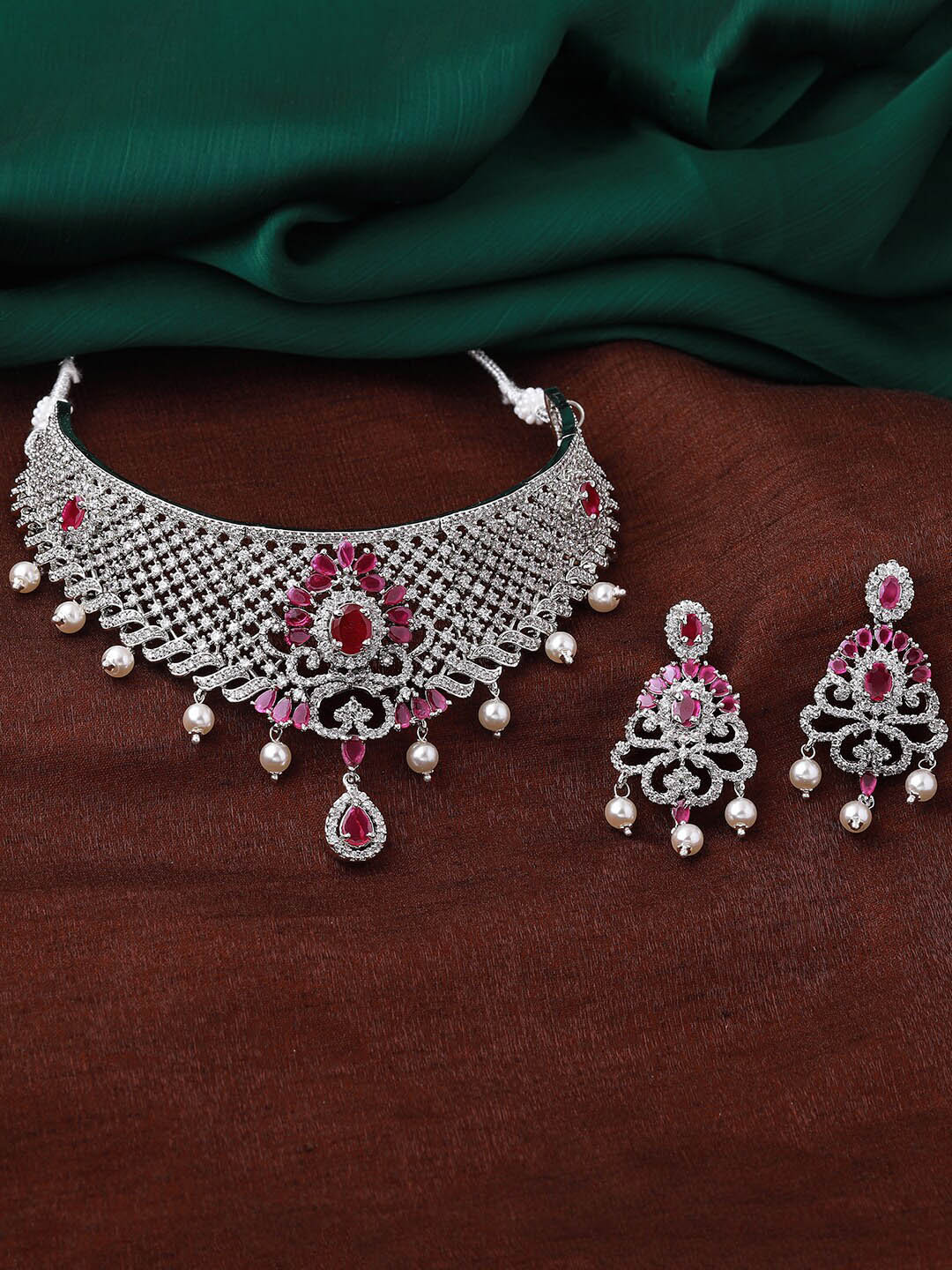 Estele Rhodium-Plated White & Pink CZ-Studded Jewellery Set