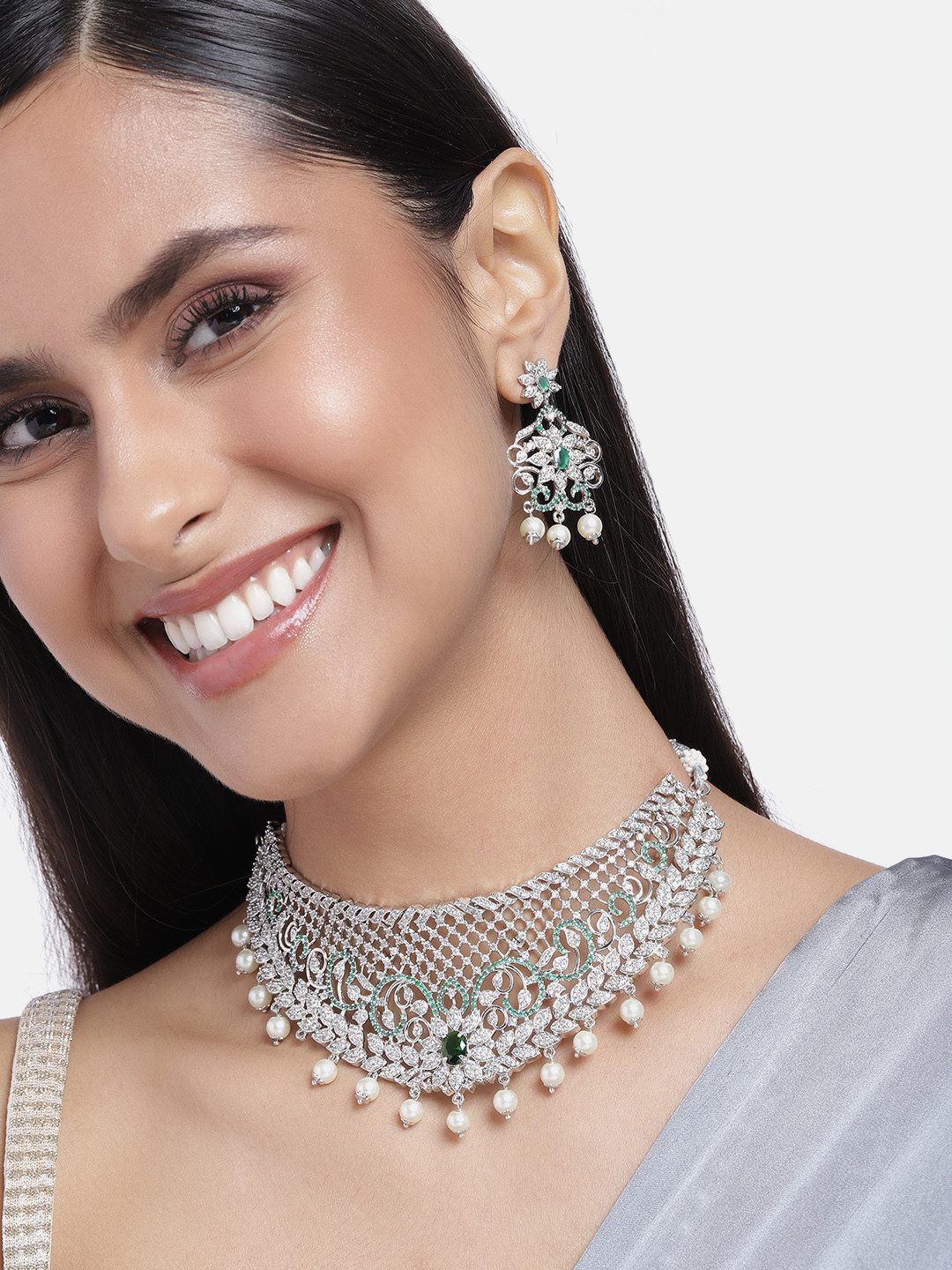 Estele Rhodium Plated Traditional Bridal Choker Necklace Set With Pearls for Women