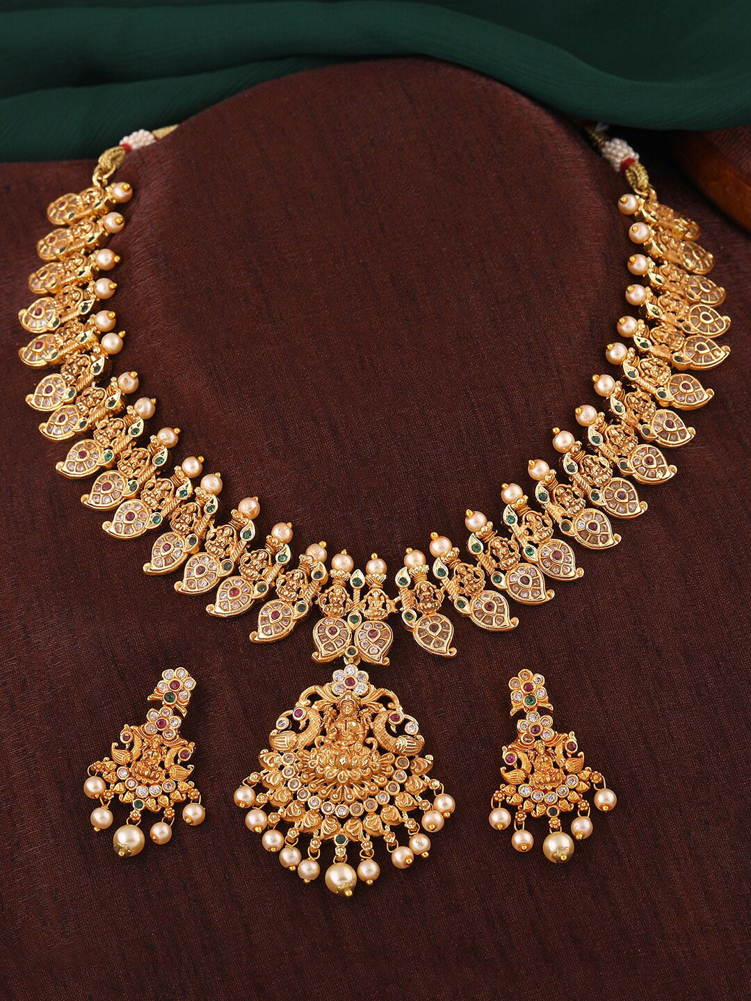 Estele Gold Plated CZ Spiritual Lakshmi Devi Designer Bridal Necklace Set for Women