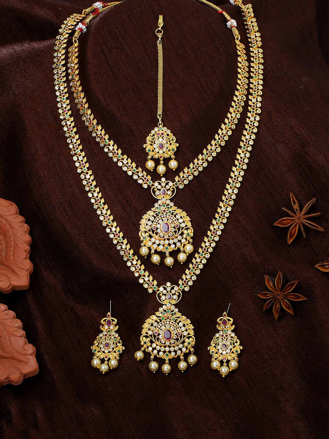 Estele Gold Plated CZ Studded Pearl Detail Enchanting Bridal Jewellery Set