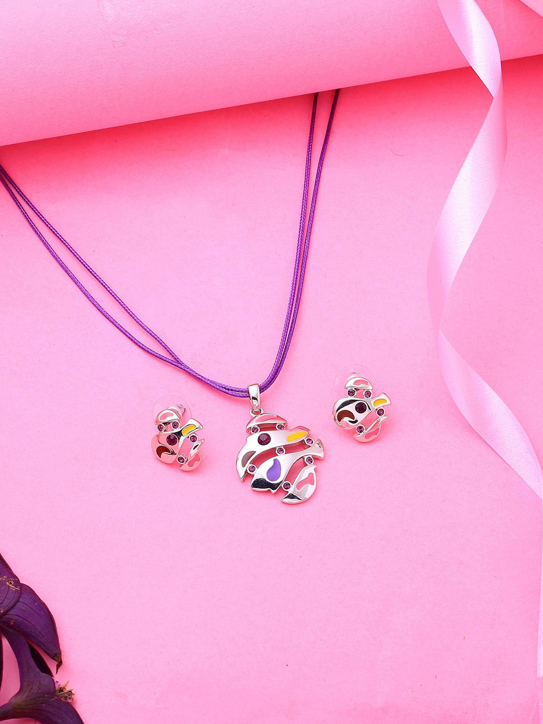 Estele Rhodium Plated Abstract Shaped Necklace Set with Austrian Crystals for Women