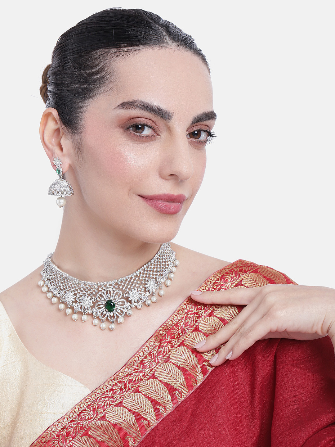 Estele Women Rhodium Plated Silver Colored Stone-Studded Jewellery Set