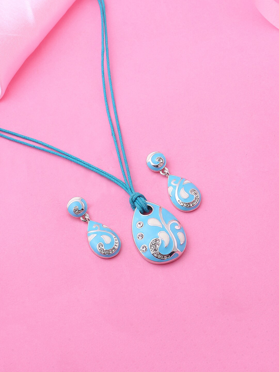 Estele Rhodium Plated with Crystal Detail Drop-Shaped Cord Jewellery Set