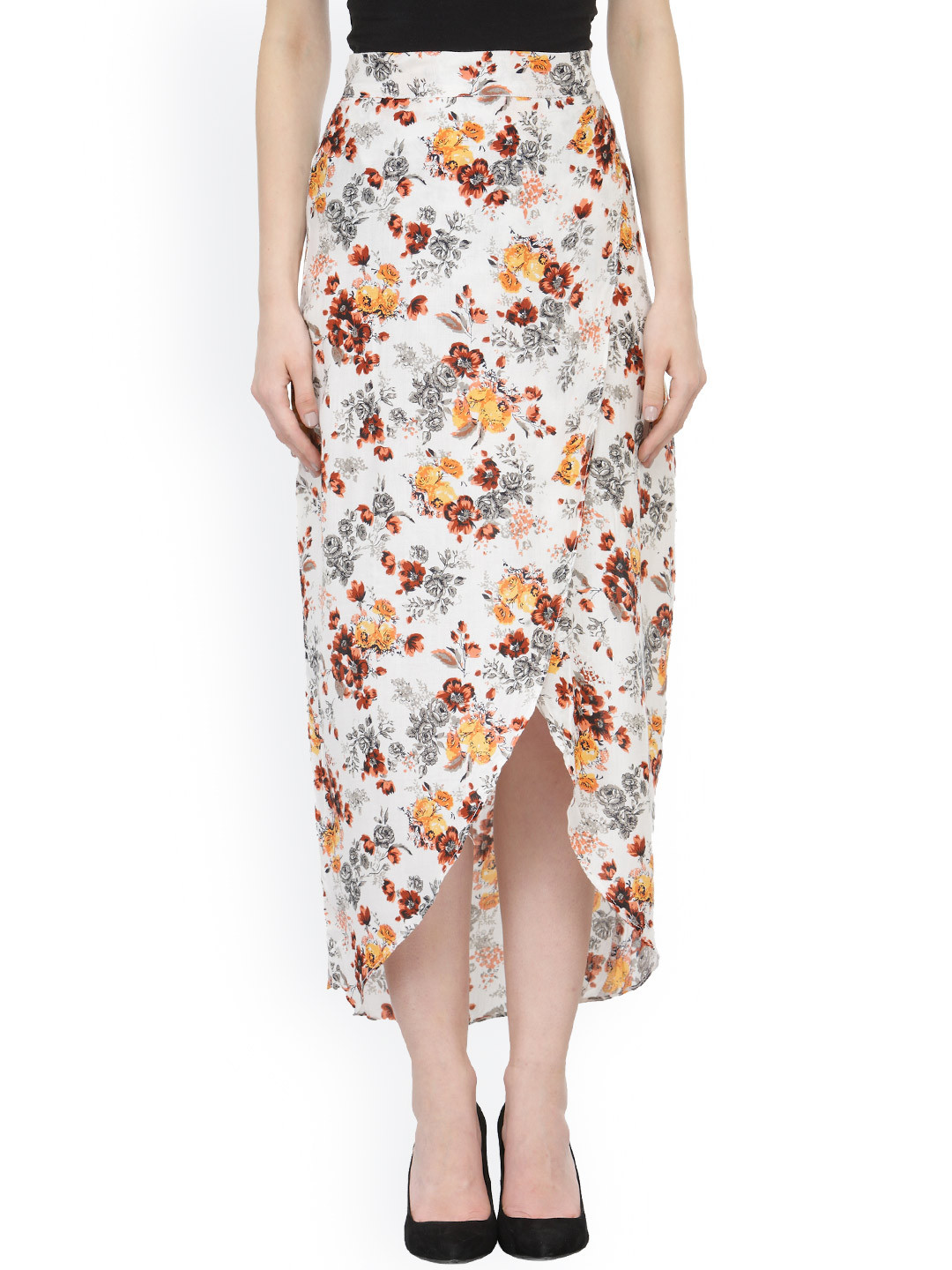 Cation White Floral Print Tulip Midi Skirt