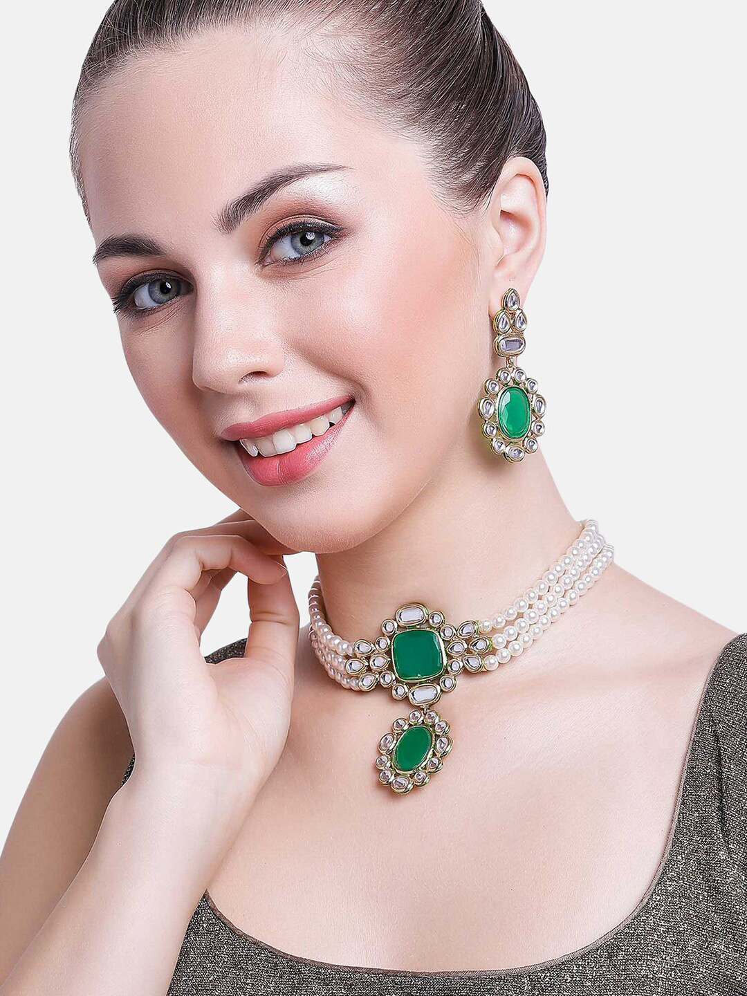 Estele Gold-Plated Green Kundan Studded Long Jewellery Set