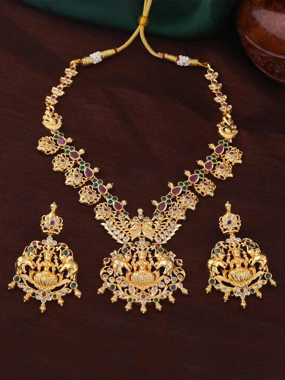 Estele Gold Plated CZ Lakshmi Devi with Elephant Designer Necklace Set for Women