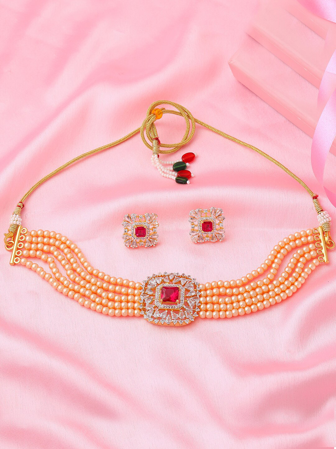 Estele Gold-Plated Red CZ Stone-Studded & Cream-Colored Pearls-Beaded Jewellery Set