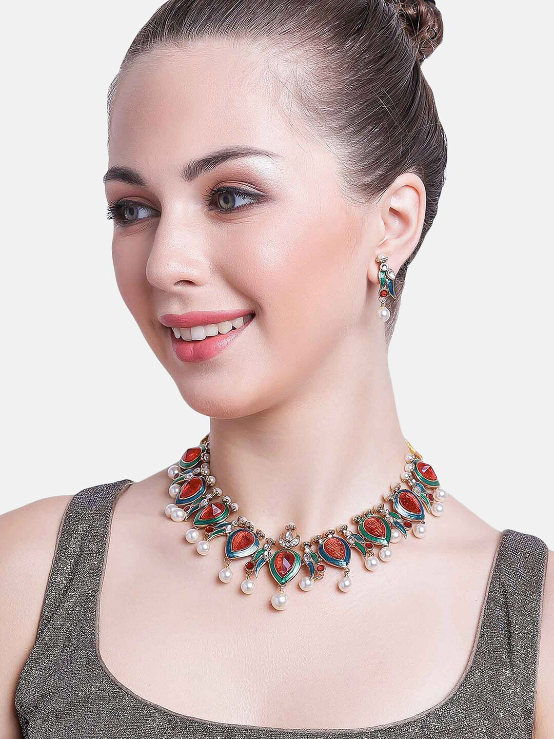 Estele Gold Plated Amore Designer Jewellery Set with Enamel & Pearls