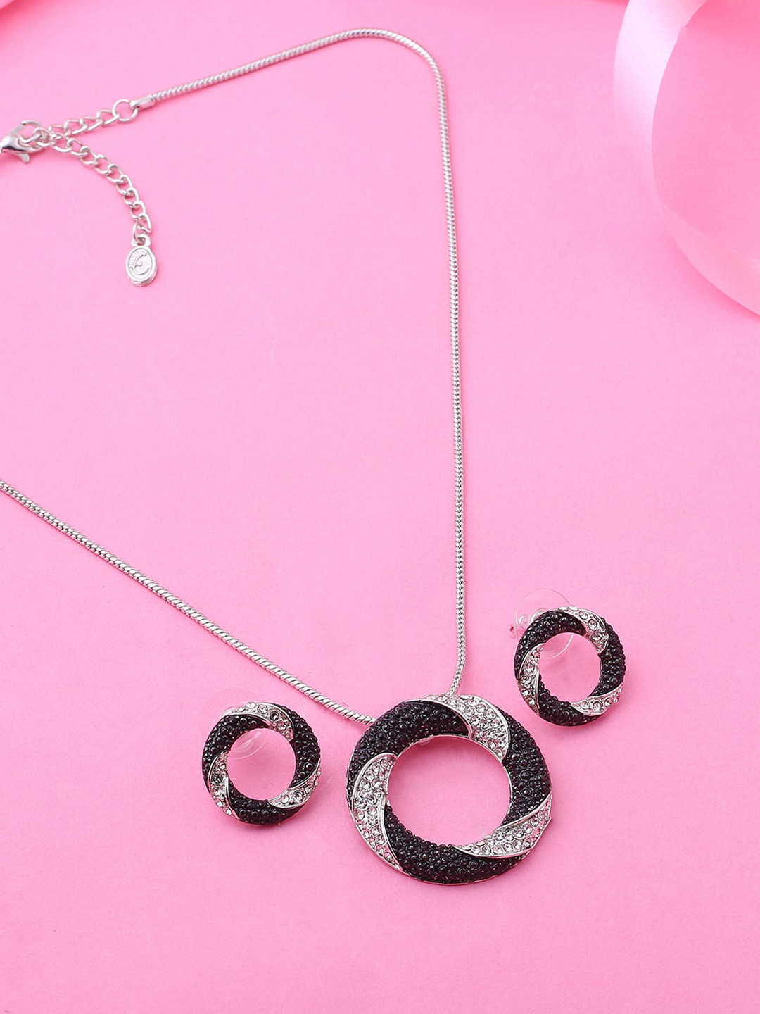 Estele Rhodium Plated Circular Pendant Set with Crystals