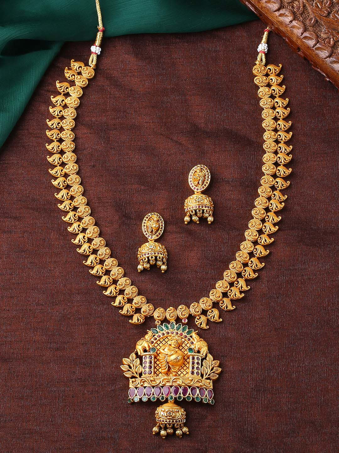 Estele Gold Plated CZ Lord Krishna Designer Necklace Set with Pearls for Women