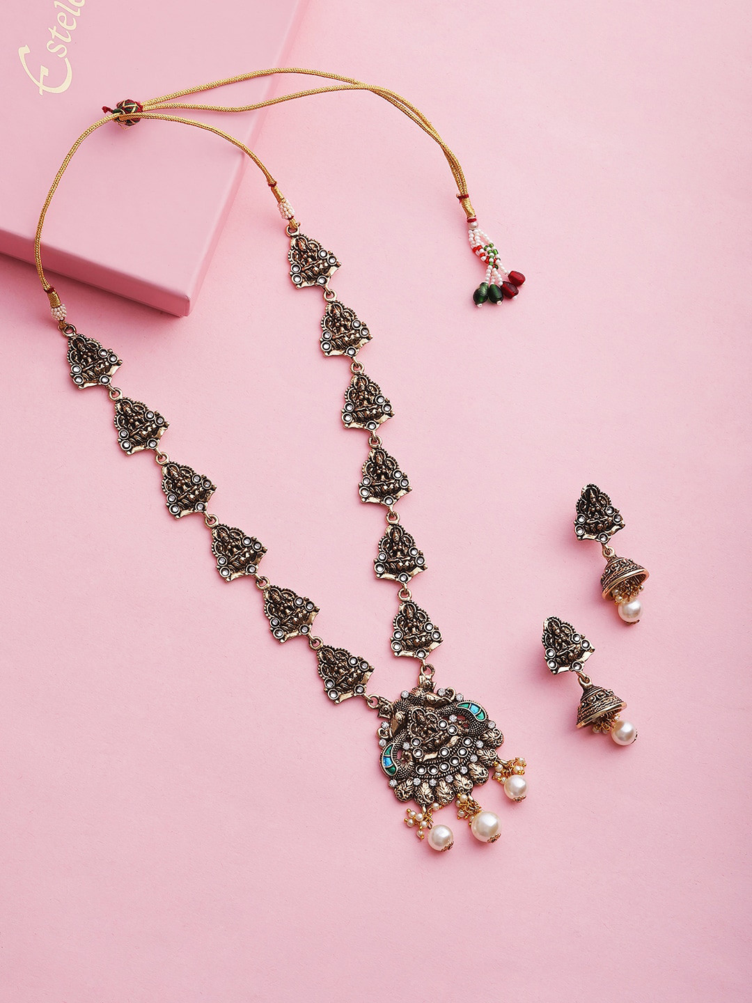 Estele Gold Plated Traditional Laxmi Devi Designer Pearl Drop Jewellery Set