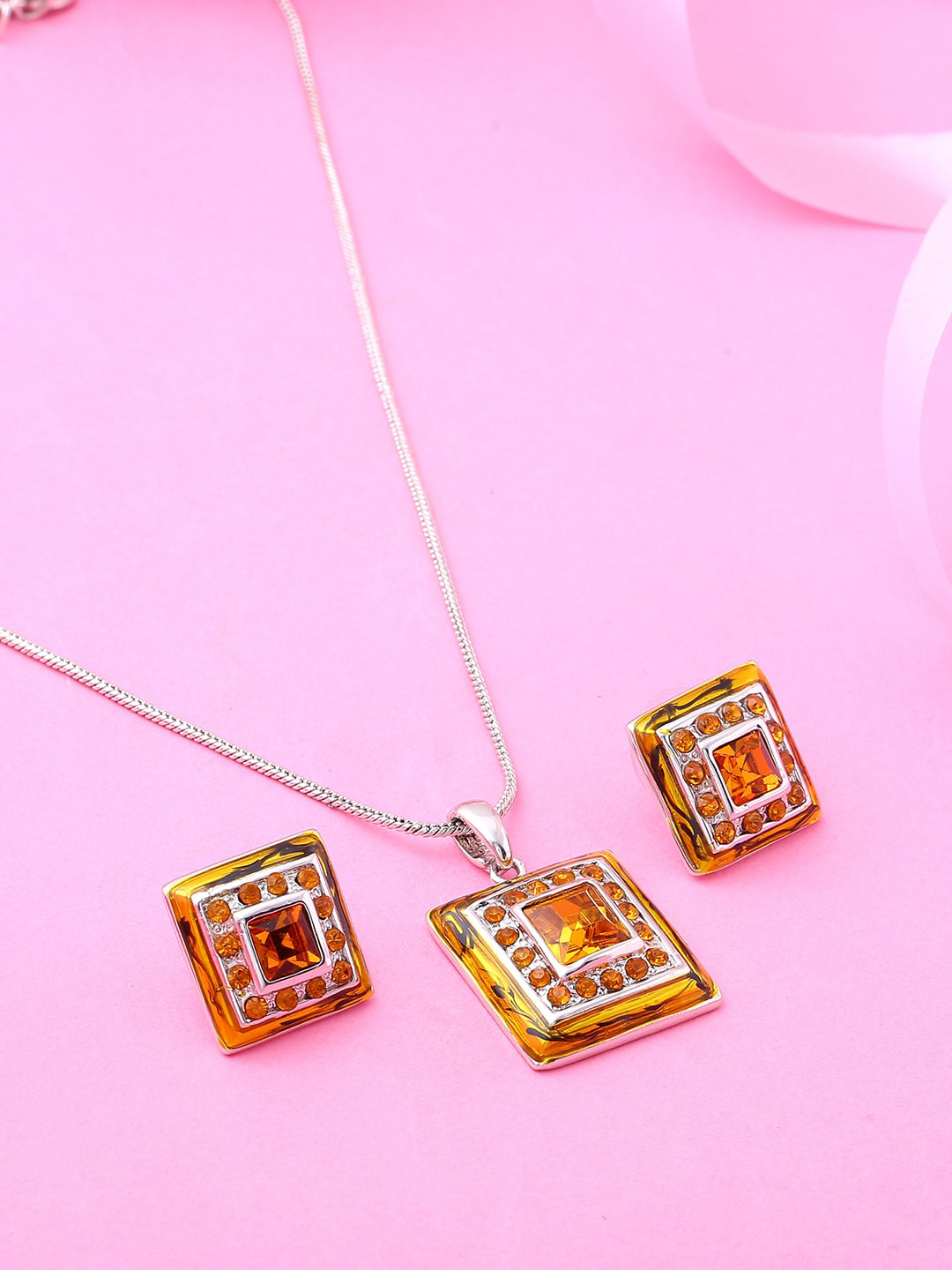 Estele Rhodium Plated Square Shaped Dusky Pendant Set with Crystals