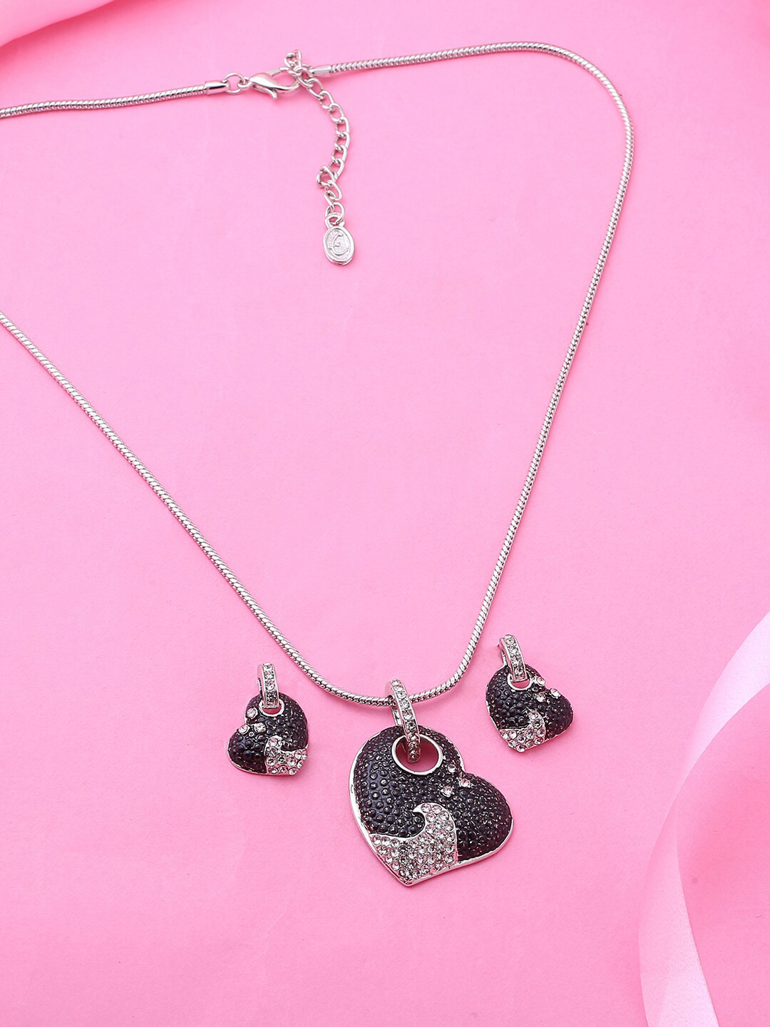 Estele Rhodium Plated Heart Designer Pendant Set with Crystals