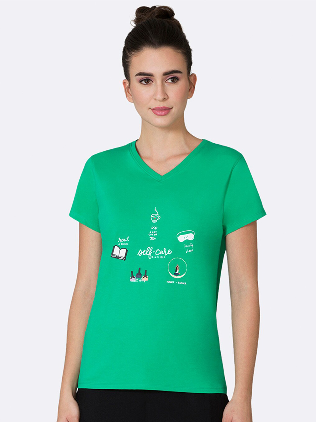 Van Heusen Women Self Care Front Print V-Neck Short Sleeve Lounge T-Shirt