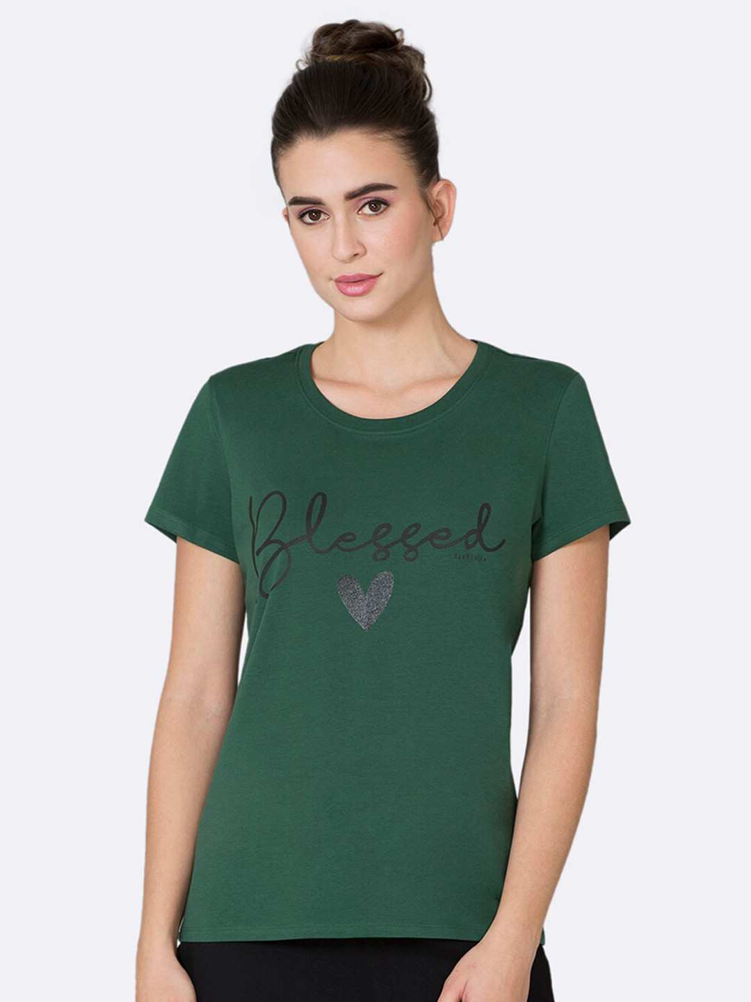 Van Heusen Women Hunter Green Blessed Front Print Round Neck Short Sleeve Lounge T-Shirt