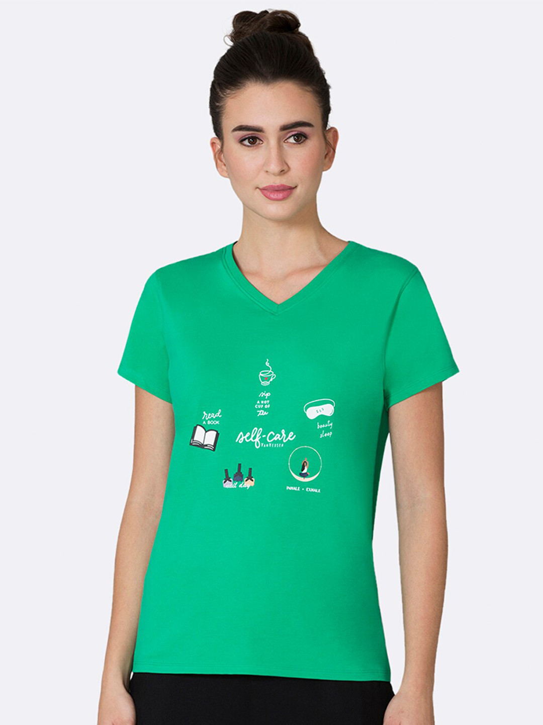 Van Heusen Women Mint Self Care Front Print V-Neck Short Sleeve Lounge T-Shirt