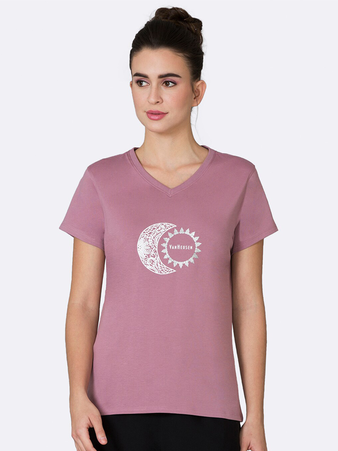 Van Heusen Women Dusky Orchid Sun & Moon Front Print V-Neck Short Sleeve Lounge T-Shirt