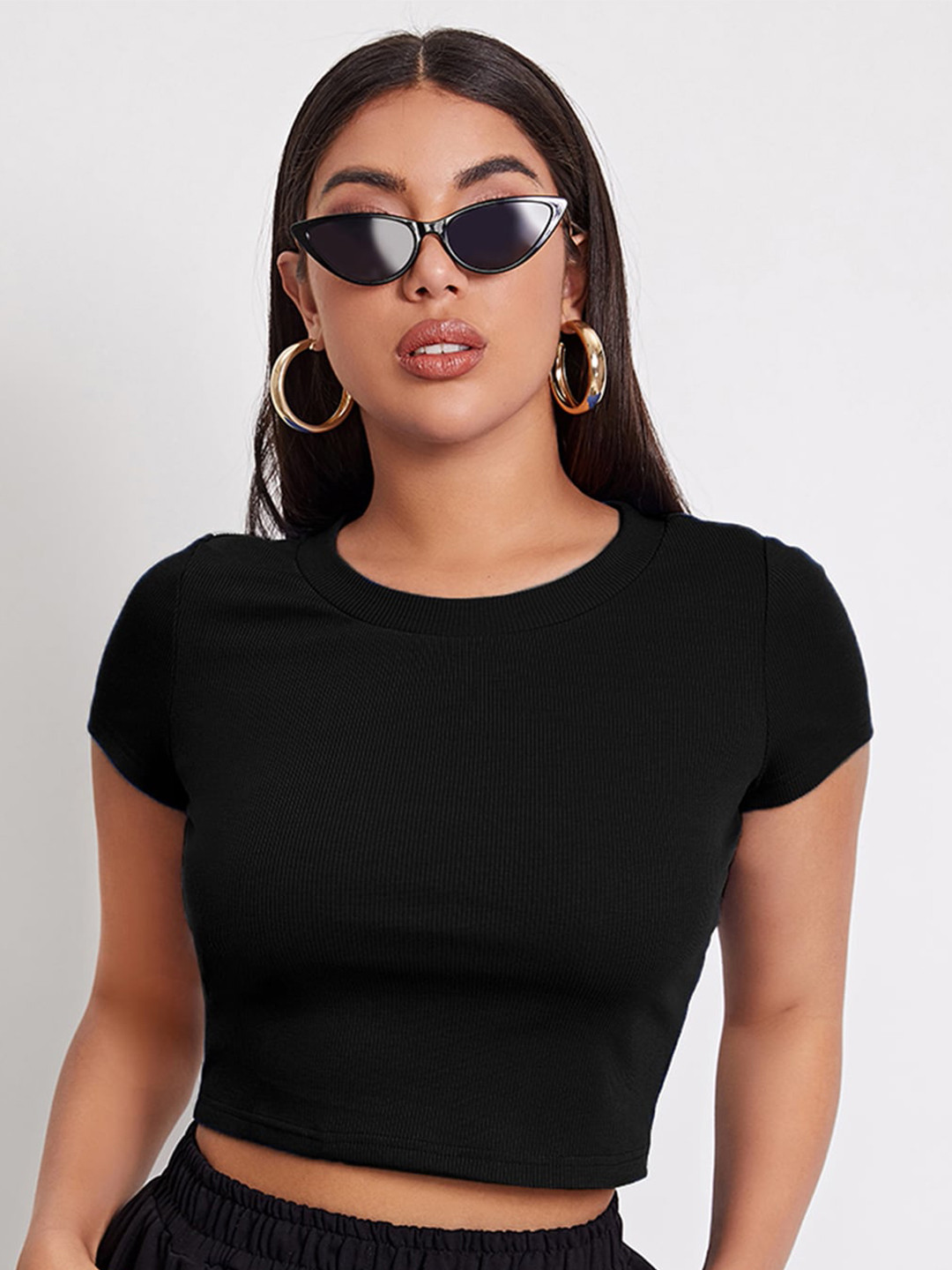 AAHWAN Women Black Solid Fitted Polyester Crop Top