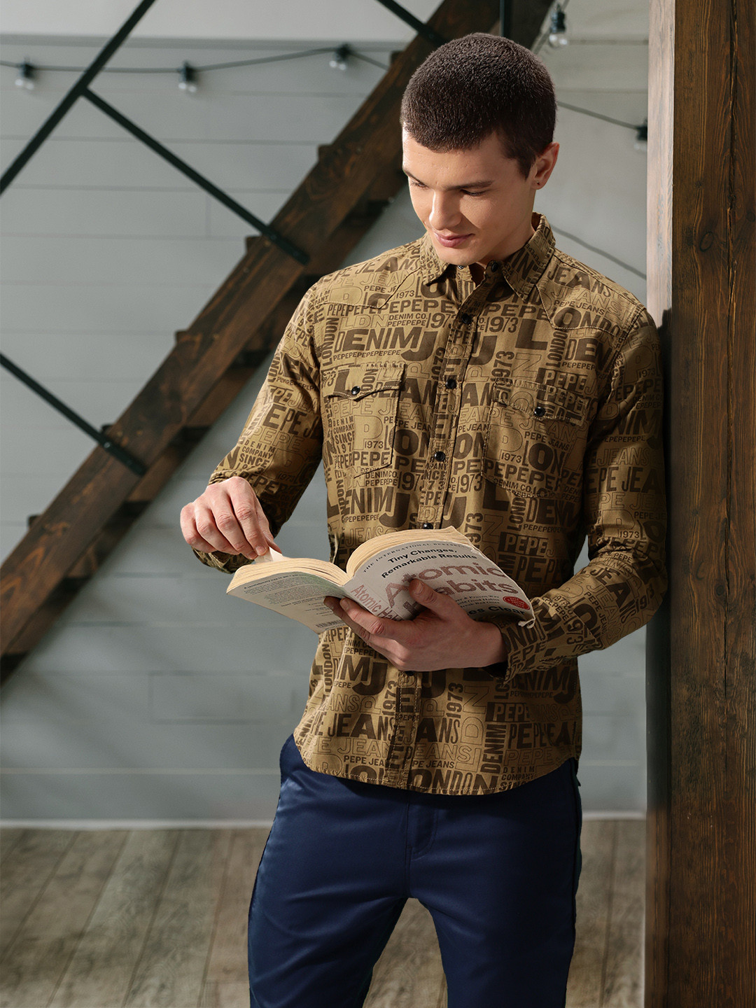 Pepe Jeans Men Tan Brown Typography Printed Casual Shirt