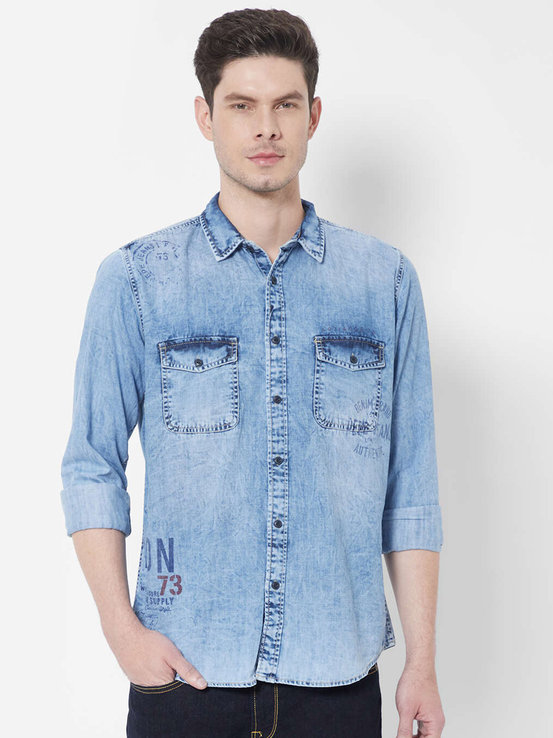 Pepe Jeans Men Blue Faded Denim Casual Shirt