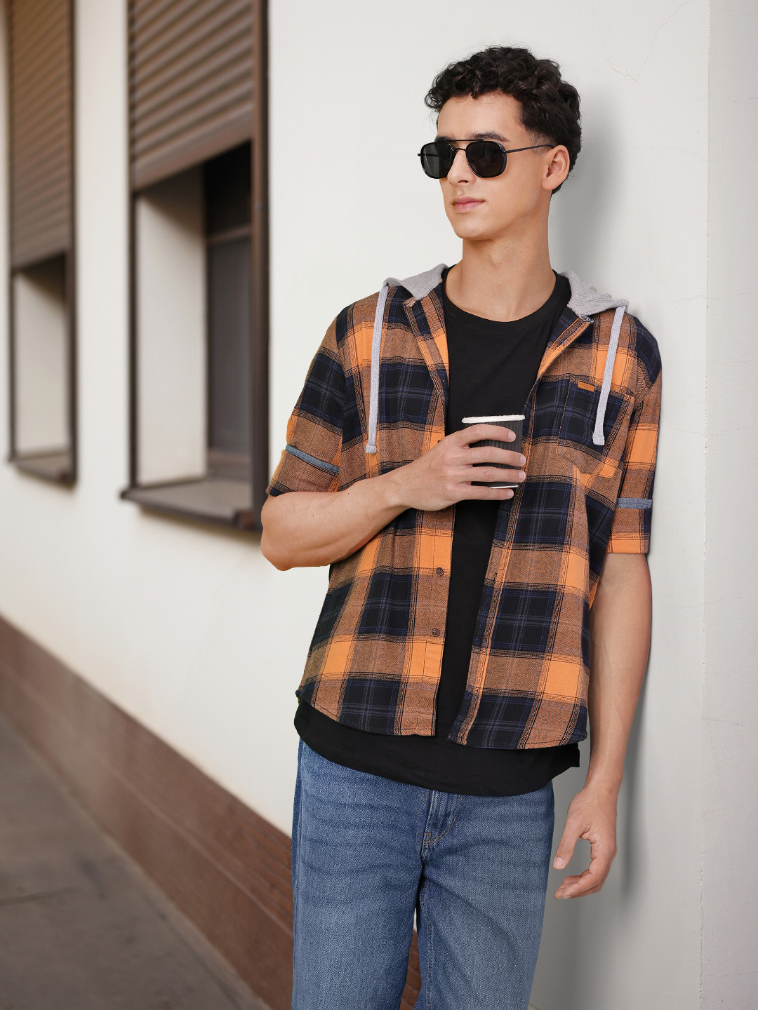 Pepe Jeans Men Orange Hoodie Checked Casual Cotton Shirt