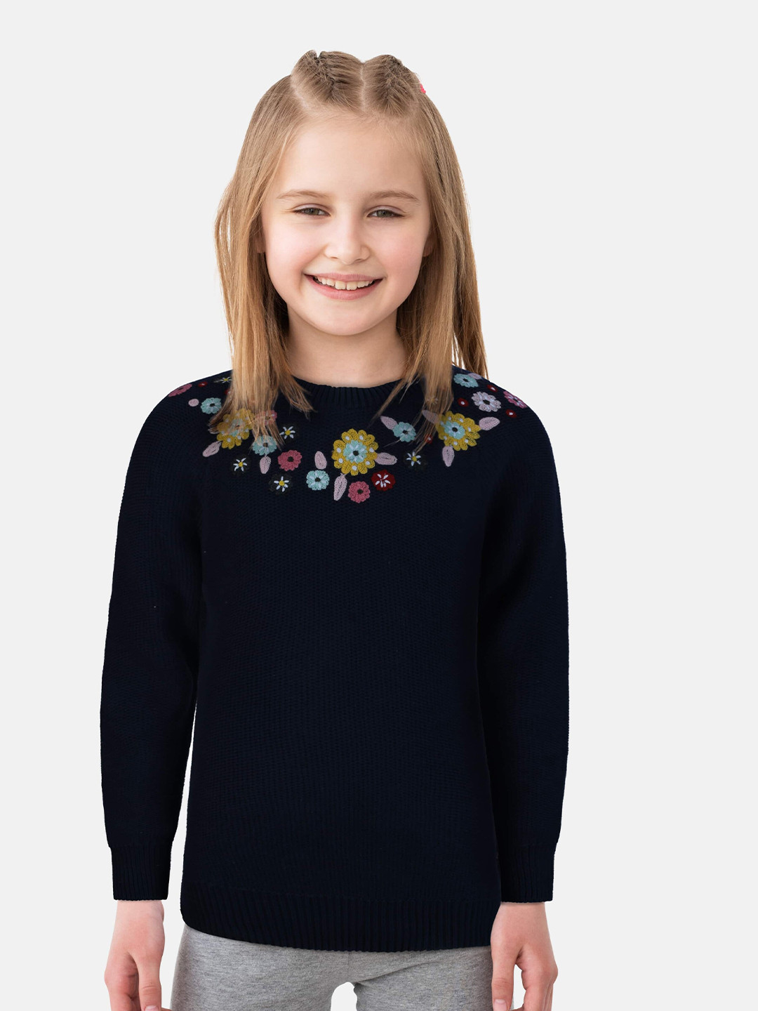 Gini and Jony Girls Navy Blue & Red Floral Embroidered Wool Pullover