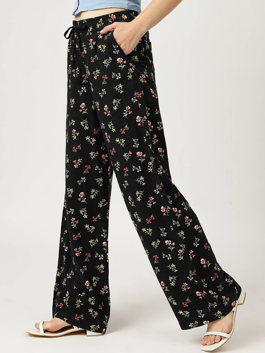 Marks & Spencer Women Black Floral Printed High-Rise Trousers
