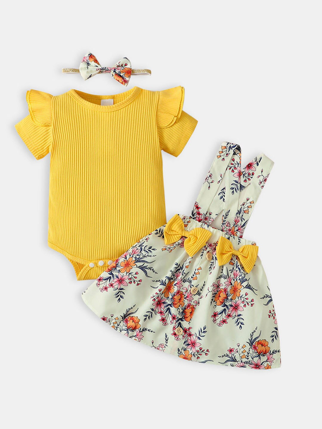 Hopscotch Girls Yellow & Off White Floral Printed Cotton Blend Clothing Set
