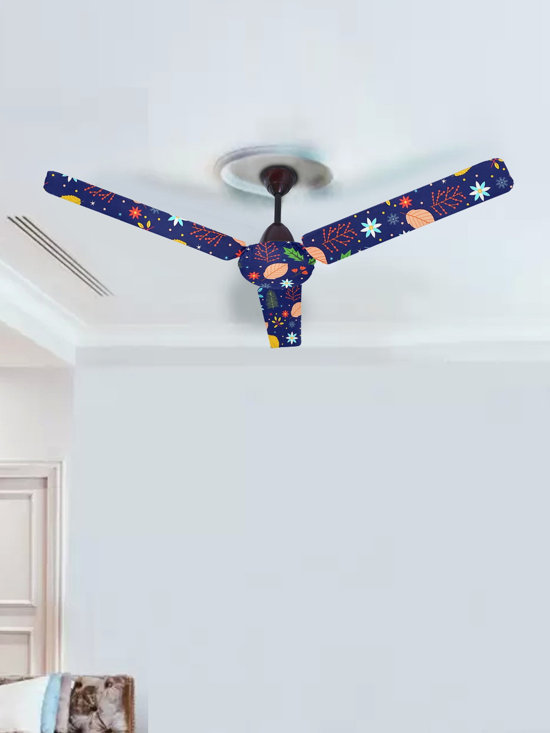 Cortina Navy Blue & Yellow Printed Ceiling Fan Blade Covers