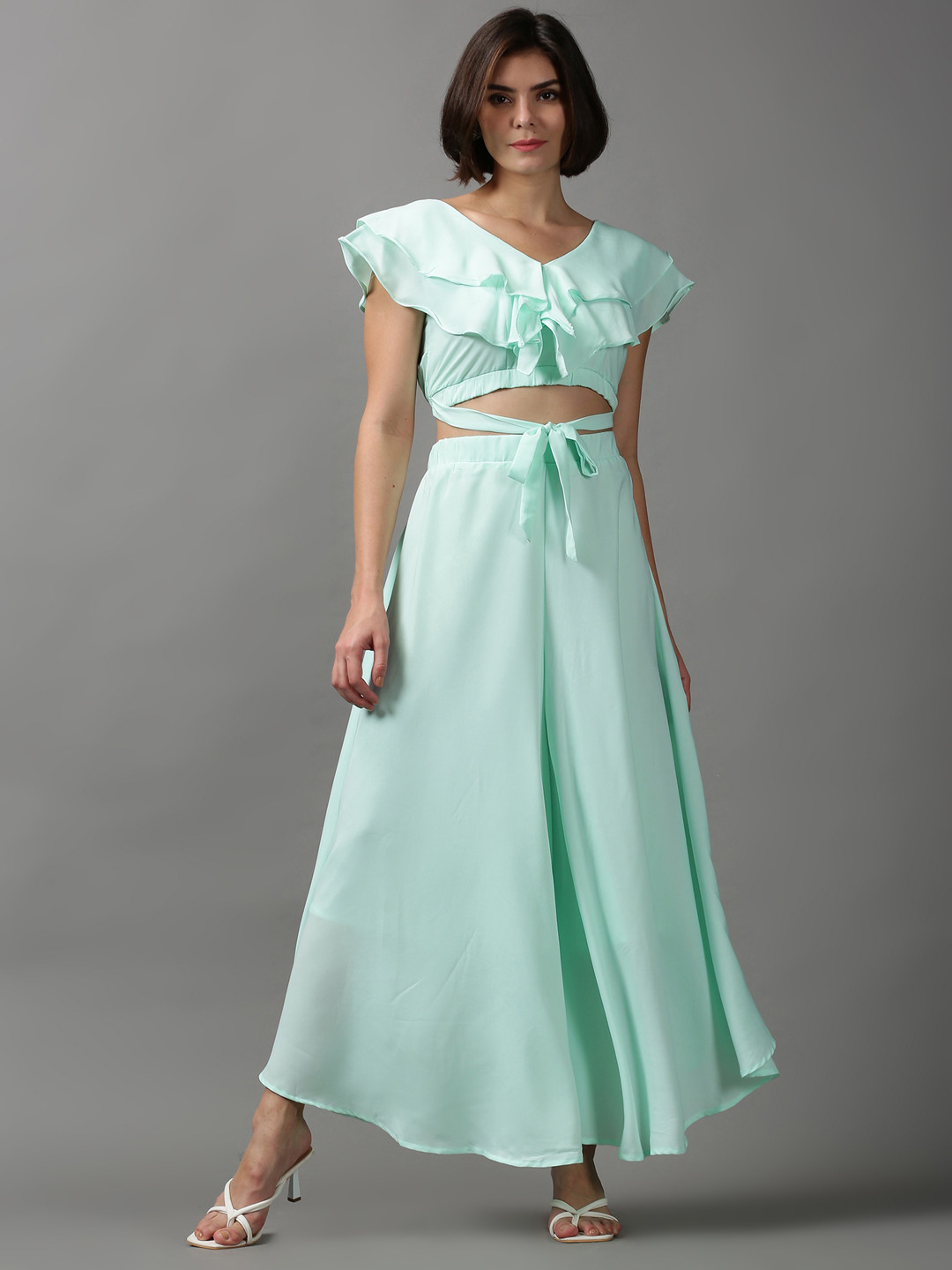 SHOWOFF Women Green Solid Crop-Top & Palazzo Co-Ords