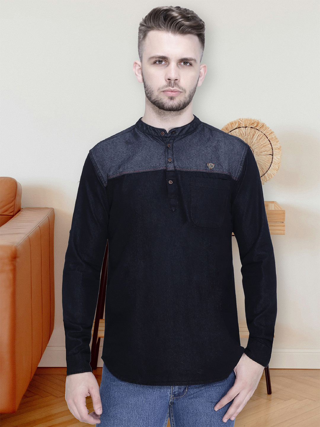 Kuons Avenue Men Black Denim Weave Cotton Kurta