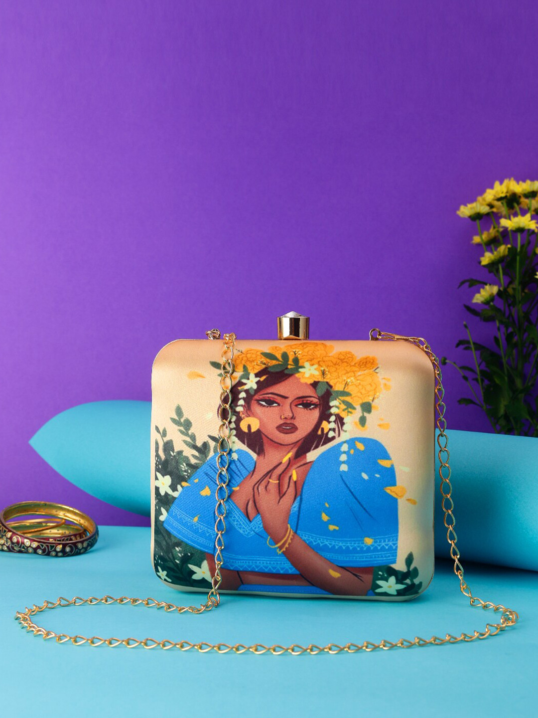 Swisni Beige & Blue Printed Designer Box Clutch