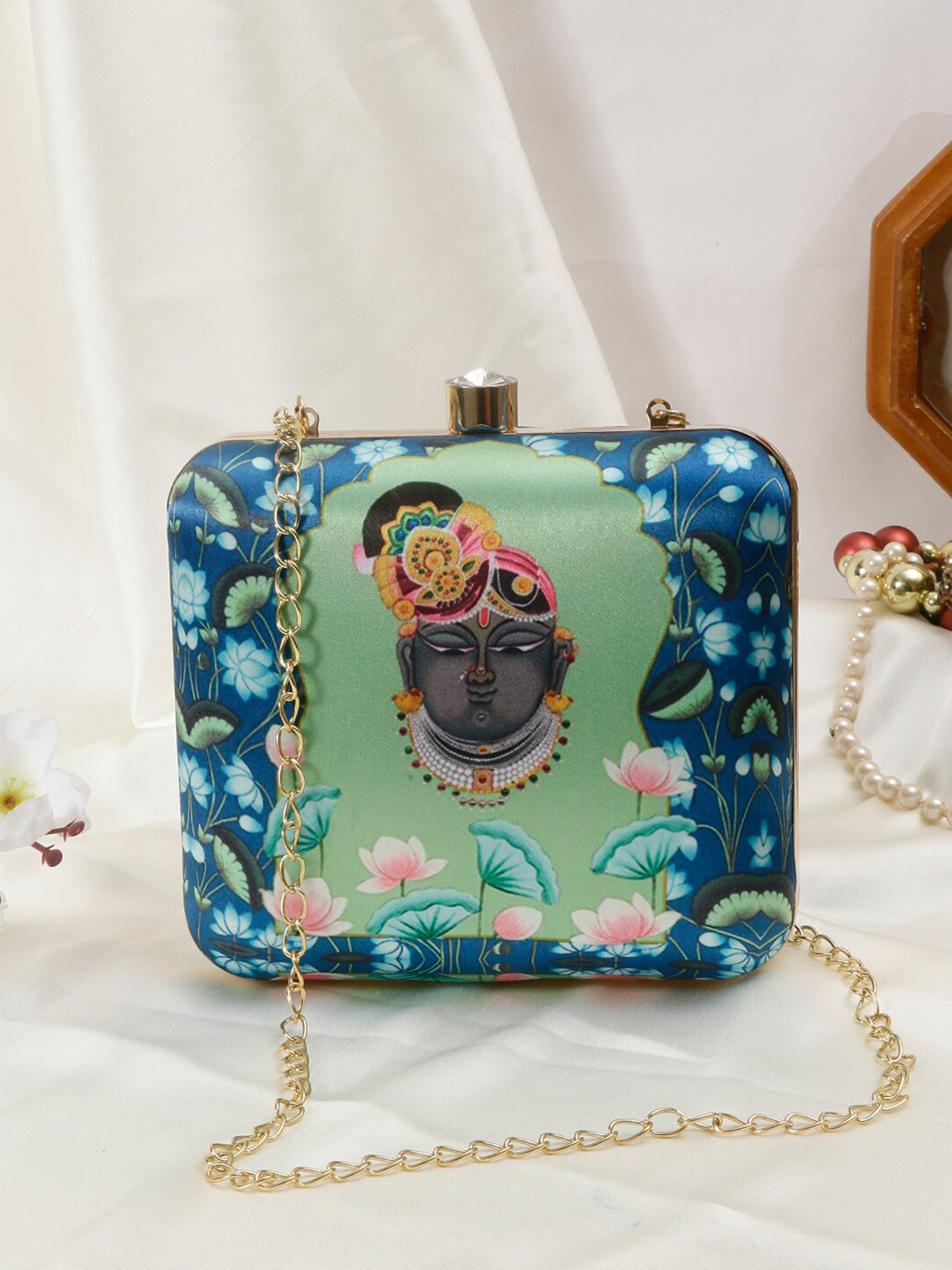 Swisni Blue & Green Printed Box Clutch