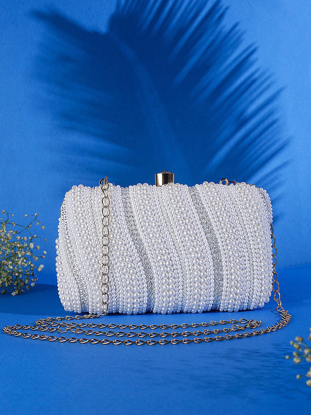 Swisni White & Silver-Toned Embellished Box Clutch With Shoulder Strap
