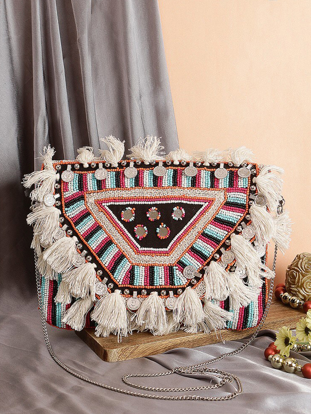 Swisni Black And Cream Coloured Embroidered Envelope Clutch