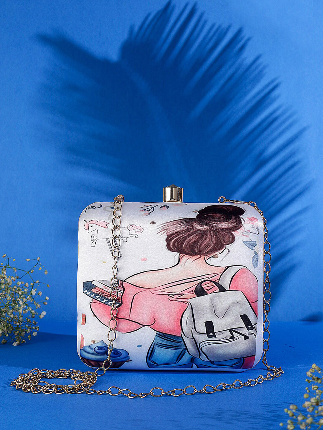 Swisni Women White & Pink Printed Box Clutch
