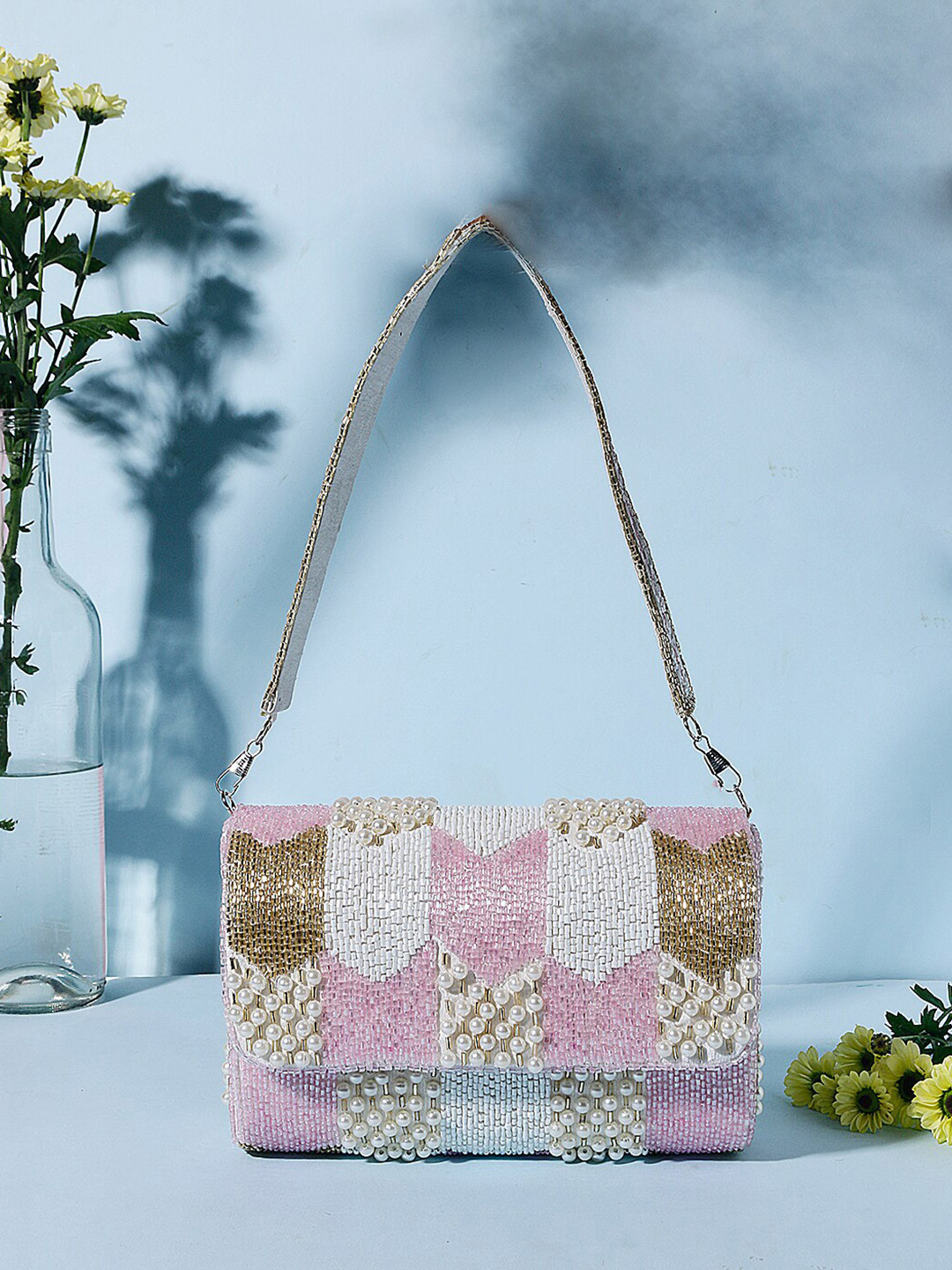 Swisni Women Pink & White Embroidered Foldover Clutch