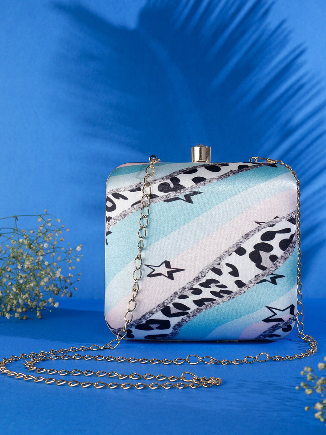 Swisni Women Blue & Black Printed Fabric Box Clutch