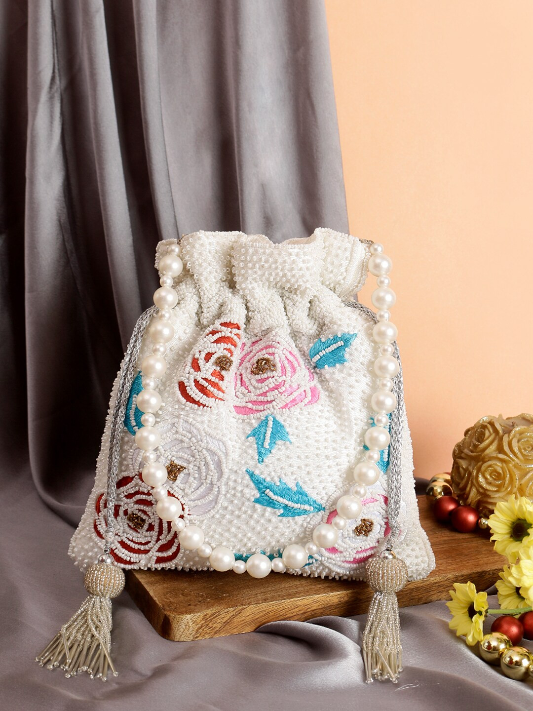Swisni White & Blue Embellished Potli Clutch